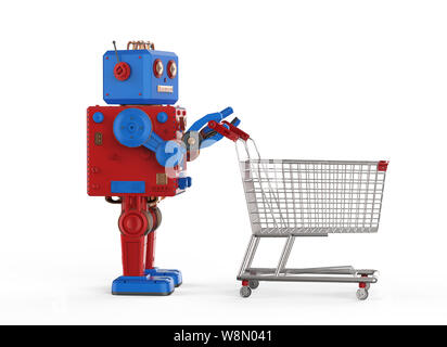 Online shopping Konzept mit 3D-rendering Roboter Tin Toy halten Warenkorb Stockfoto