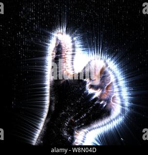 Aura Kirlian Fotografie eines glühenden menschlichen weiblichen Seite zeigt verschiedene Symbole und Handzeichen Stockfoto