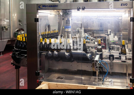 Wein Fabrik, Produktion, Lager, Regale, Regale mit Kästen, leere Weinflaschen in das Paket. Das Konzept der Produktion, Abfüllung Stockfoto