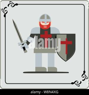 Dunkle Ritter mit Wappen auf der Brust Helm und Rüstung mit Schwert und Schild Stock Vektor