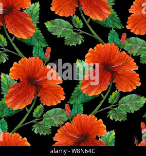 Original Aquarell Malerei roter Hibiskus nahtlose Muster Stockfoto