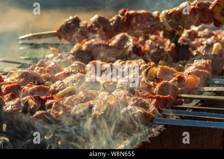 Marinierte Schaschlik vorbereiten auf ein Barbecue-Grill auf Holzkohle. Stockfoto