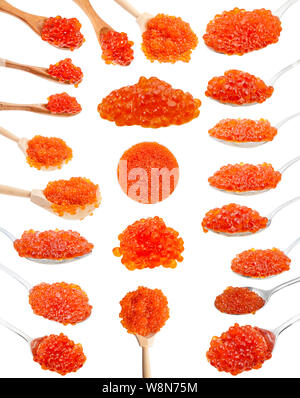 Collage aus verschiedenen Löffel mit roter Lachskaviar auf weißem Hintergrund Stockfoto