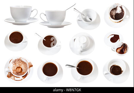 Divination auf Kaffeesatz - weißes Porzellan Tasse mit Kaffee Sedimente auf Untertasse auf weißem Hintergrund Stockfoto