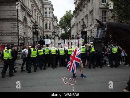 London, Großbritannien. 3. August 2019. Tommy Robinson Unterstützer vor den Toren der 10 Downing Street mit einer Linie der Polizisten und berittene Polizei in Bewegung. Credit: Joe Kuis/Alamy Nachrichten Stockfoto