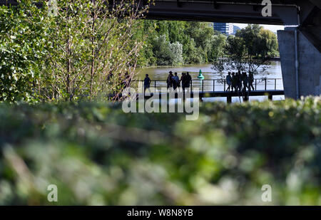 Heilbronn, Deutschland. 08 Aug, 2019. Die Besucher gehen bei sonnigem Wetter über das Gelände der Bundesgartenschau am Alt-Neckar. Credit: Edith Geuppert/dpa/Alamy leben Nachrichten Stockfoto