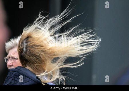 Windswept Haar Wind ausgeblasen Bad Hair Day windiges Wetter Sturm stürmischer Tag Landschaft windswept, Haar, Frau, weiblich, Wind, Porträt, lange Haare, Gesicht, im Freien, Erwachsener, Stil, Tag, Person, Frisur, Frauen, Mode, windig, Kopf und Schultern, Haar, Tag, schlecht, Frau, weiblich, Mädchen, unordentlich, Kopf, brünett, wild, lange, Bad Hair Day, blond, blonde, Windig, windig, Wetter, Wind, Wind, Sturm, Unwetter, Sturm, Wetter, Gewirr, verwirrte, Landschaft, eine Person, a, uk, Gale, Stürme, Stockfoto