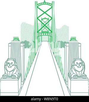 Lions Gate Bridge mit zwei liegenden Löwen Statuen & die Türme über die zu einer Bergkette Stock Vektor