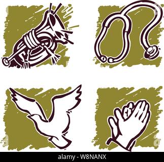 Medizinische Symbole gehören ein trupet Stethoskop Taube & Händeklatschen Stock Vektor