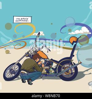 Ein Reiter hockte sich hin, die sein Motorrad Motor irgendwo in einer Wüste mit Wolken swurling curly Winde blasen & Tumble Weed zu reparieren. Stock Vektor