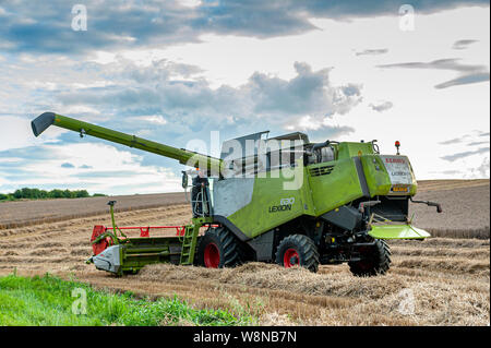 Die summeer Ernte von Weizen unter Weg auf einem Bauernhof in Lincolnshire, mit einem Claas Lexion 630 Mähdrescher Stockfoto