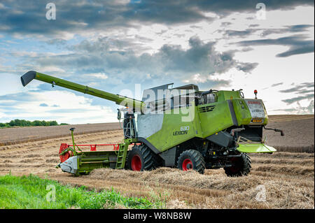 Die summeer Ernte von Weizen unter Weg auf einem Bauernhof in Lincolnshire, mit einem Claas Lexion 630 Mähdrescher Stockfoto