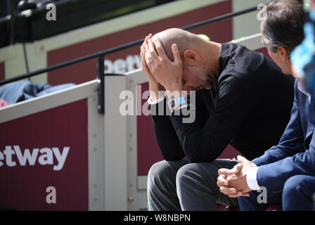 London, Großbritannien. 10 Aug, 2019. London, Großbritannien. 10. August 2019. Pep Guardiola (Man City Manager) an der West Ham United v Manchester englische Premier League Spiel, am London Stadium, London, am 10. August 2019. ** Nur die redaktionelle Nutzung, eine Lizenz für die gewerbliche Nutzung erforderlich. Keine Verwendung in Wetten, Spiele oder einer einzelnen Verein/Liga/player Publikationen ** Quelle: Paul Marriott/Alamy leben Nachrichten Stockfoto