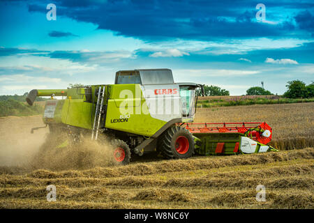 Die summeer Ernte von Weizen unter Weg auf einem Bauernhof in Lincolnshire, mit einem Claas Lexion 630 Mähdrescher Stockfoto