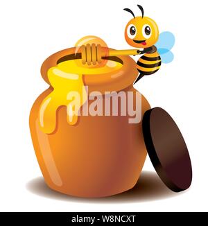 Cartoon süße Biene Honig Pendelarm Honig von Honey Pot zu nehmen - Vektor isoliert Stock Vektor
