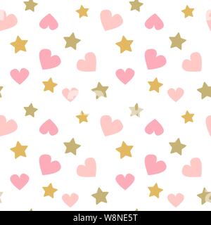 Süße schöne nahtlose Vektor Muster Hintergrund baby Drucken Abbildung mit Doodle rosa Herzen und Goldene Sterne Stock Vektor