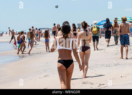 Viele Leute auf dem Wasser von einem Strand, Wandern, Ball spielen und Spaß am Memorial Day auf dem long island Küste. Stockfoto