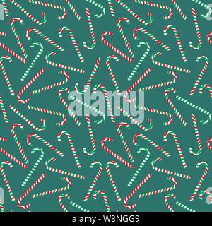 Nahtlose Weihnachten vector Pattern mit gestreiften Zuckerstangen auf einem teal Hintergrund Stock Vektor
