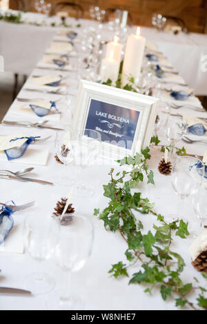 Winter Hochzeit Tischdekoration - Tannenzapfen & Efeu Stockfoto