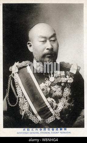 [1910s Japan - Feldmarschall Terauchi Masatake] - Terauchi Masatake 寺内正毅 (1852 - 1919) war ein Feldmarschall in der Kaiserlichen Japanischen Armee und der 18 Premierminister von Japan vom 9. Oktober 1916 (taisho 5) bis September 29, 1918 (taisho 7). Nach der Ermordung der Hirobumi Ito, Terauchi wurde als der dritten und letzten japanischen Resident-General von Korea ernannt. 1910 (Meiji 43), brachte er Japan-Korea Annexion Vertrag und der erste japanische Generalgouverneur von Korea wurde. 20. jahrhundert alte Ansichtskarte. Stockfoto