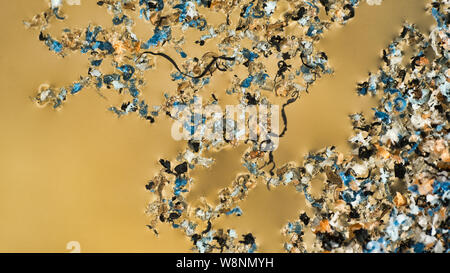 Kunststoff wird in Wasserbecken und schrittweise durch Sonne und Wellen zerstört. Plastische Teilchen sammeln sich in Felder und Klumpen auf der Wasseroberfläche und in der t Stockfoto