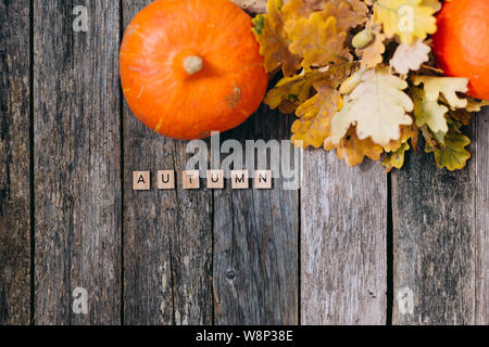 Herbst noch leben. Herbst eiche Blätter und Kürbisse und Wort Herbst aus Holz Buchstaben auf alten grauen Holz- Board. Ansicht von oben, Vintage Style. Flach Stockfoto