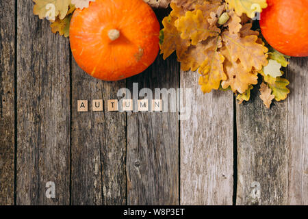 Herbst noch leben. Herbst eiche Blätter und Kürbisse und Wort Herbst aus Holz Buchstaben auf alten grauen Holz- Board. Ansicht von oben, Vintage Style. Flach Stockfoto