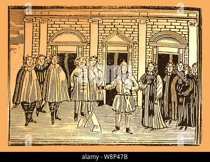 Stadt von Kingston upon Hull im Volksmund einfach Hull, England - Historischer Holzschnitt Kupferstich, der die Ausführung von König Karl I angeblich an Rumpf, obwohl die Geschichte sagt uns, er war in London unter einem Hinrichtungsbefehl unterzeichnet (unter anderem) von John Alured und Perigrine Pelham, sowohl Rumpf Männer im Jahre 1649 ausgeführt. Stockfoto