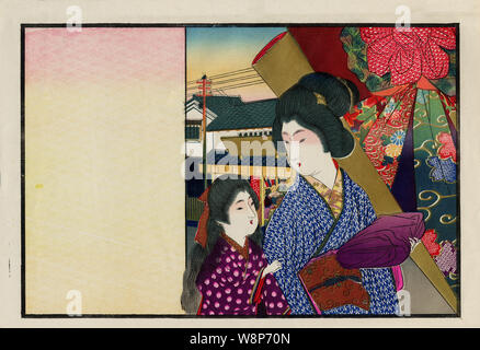 [1920s Japan - Japanische Mutter und Tochter im Kimono] - Hikifuda (引札), einen Ausdruck als Werbe Flyer von den lokalen Geschäften. Sie waren populär aus den 1800er bis in die 1920er Jahre. Dieser Ausdruck zeigt eine schöne Frau im Kimono und traditionelle Frisur und ein Mädchen, die etwas in einem Furoshiki (風呂敷), eine japanische Einschlagtuch gewickelt. 20. jahrhundert Vintage Werbung Flyer. Stockfoto