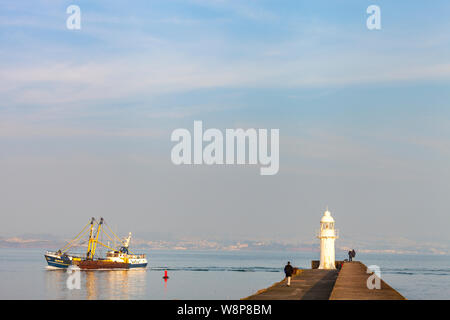 Kommerziellen Fischerboot (Trawler) Rückkehr zum Hafen von Brixham in Devon, England an einem sonnigen Morgen. Stockfoto