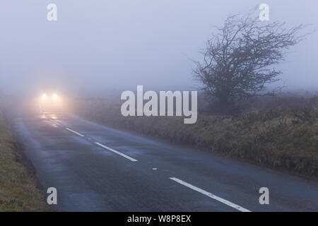 Ein Auto nähert sich in dichtem Nebel auf de straße auf Exmoor National Park. Die geringe Sichtbarkeit sorgt für gefährliche Fahrsituationen. Stockfoto