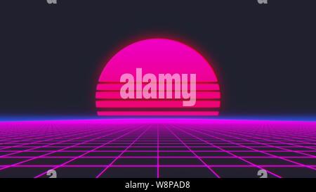 Retro-Futurismus Hintergrund im Stil der 80er Jahre. 3D-Darstellung. Stockfoto