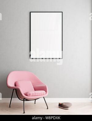 Vertikale mock up Poster Frame in modernen Interieur Hintergrund, tausendjährigen rosa Sessel im Wohnzimmer, im skandinavischen Stil, 3D-Rendering, 3D-Darstellung Stockfoto