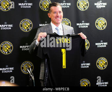 Columbus, Ohio, USA. 10 August, 2019. Columbus Crew Chief Business Officer Steve Lyons an die Medien in der Pressekonferenz in Columbus, Ohio, USA. Brent Clark/Alamy leben Nachrichten Stockfoto