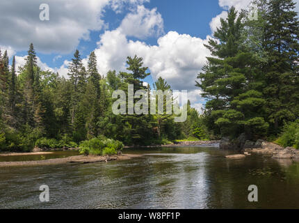 Ein schöner Fluss schlängelt sich durch den Wald und Fels in Ontario Algonquin Park, wo die Leute camp Fisch Paddel und Wanderung und Picknick im Frühjahr Sommer und Herbst. Stockfoto