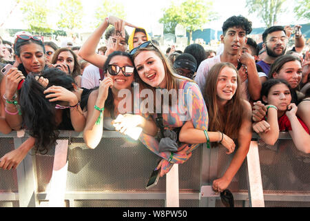 Aufgeregt Festivalbesucher bei Breakout Festival in der PNE Amphitheater in Vancouver, BC am 16. Juni, 2019 Stockfoto