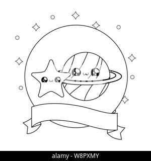 Planet Saturn und Star im Rahmen Rundschreiben mit Band kawaii Stil Vector Illustration Design Stock Vektor