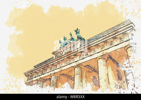 Aquarell Skizze oder Abbildung: Ein schöner Blick auf das Brandenburger Tor in Berlin in Deutschland. Stockfoto