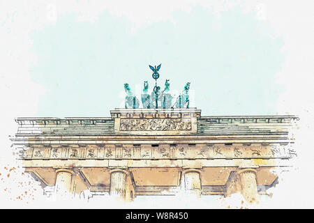 Aquarell Skizze oder Abbildung: Ein schöner Blick auf das Brandenburger Tor in Berlin in Deutschland. Stockfoto