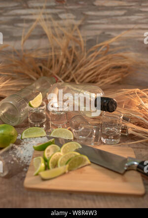 Foto detail von zwei Flaschen luxuriöse Tequila, Schuss und viele Scheiben Zitrone mit Weizen spikes an den Holztisch - Bild vertikal Stockfoto