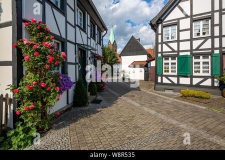 Deutschland, Nordrhein-Westfalen, NRW, Nordrhein-Westfalen, Ruhrgebiet, D-Herten, D-Herten-Westerholt, Alte Dorf Westerholt, Alte Freiheit Westerholt, Fachwerkhäuser am Martini Straße, katholische Kirche St. Martinus, Blumen, grünen Fensterläden Stockfoto