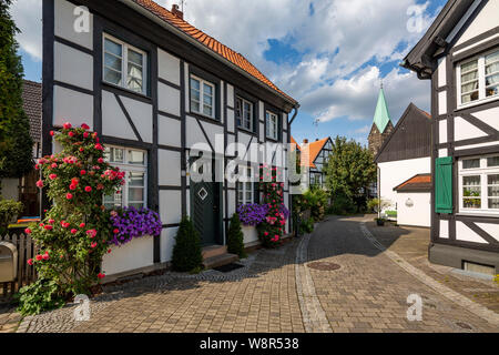 Deutschland, Nordrhein-Westfalen, NRW, Nordrhein-Westfalen, Ruhrgebiet, D-Herten, D-Herten-Westerholt, Alte Dorf Westerholt, Alte Freiheit Westerholt, Fachwerkhäuser am Martini Straße, katholische Kirche St. Martinus, Blumen, grünen Fensterläden Stockfoto