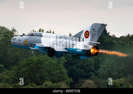 Eine Mikoyan-Gurevich MiG-21 Überschalljäger Jet der Rumänischen Luftwaffe. Stockfoto