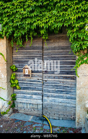 2 sehr große antike Holztüren auf einem französischen Gebäude in Somail, Frankreich Stockfoto