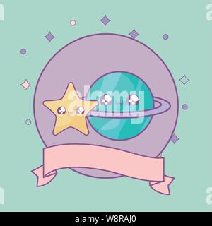 Planet Saturn und Star im Rahmen Rundschreiben mit Band kawaii Stil Vector Illustration Design Stock Vektor