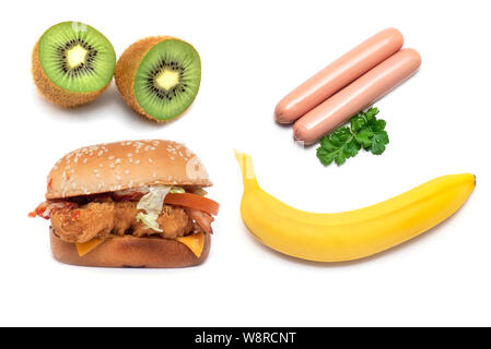 Satz von gesunden und ungesunden Essen, Konzept Bild über die Ernährung. Die ihre Auswahl. Stockfoto