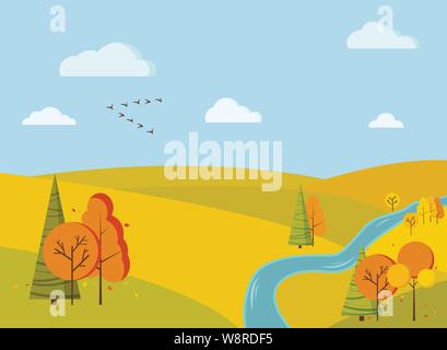 Herbst scenic Feld Landschaft Hintergrund mit gelben und orangen Bäume, Fichten, Felder, Fluss, Wolken, Vögel Kran Keil Stock Vektor