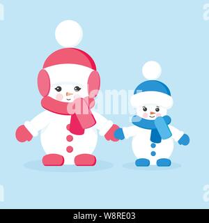 Zwei isolierte cute cartoon Schneemänner, Schwester und Bruder in Schals, Handschuhe und Mützen. Stock Vektor