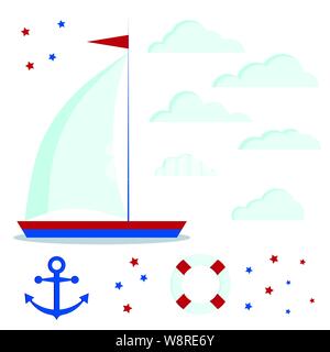 Icon Set von blauen und roten Segelboot mit einem Segel, Wolken, Sterne, Anker, Rettungsring. Stock Vektor