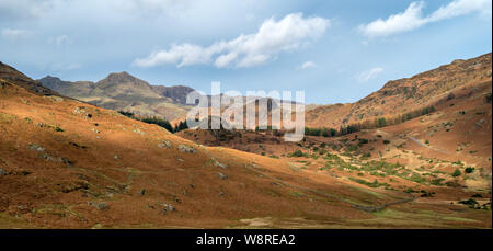 Panoramablick auf Langdale Pikes von Hollin Crag im Little Langdale, englischen Lake District National Park, Cumbria, England, Großbritannien Stockfoto